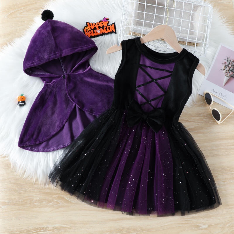 26Y Toddler Girls Halloween Dresses Witch Purple Cloak Cape and