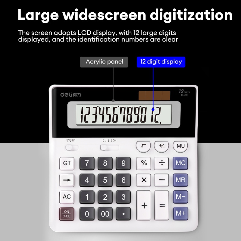 Deli Basic Calculator Big Display 12 Digits Desktop Calculator Solar ...