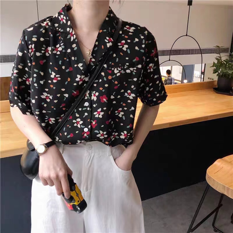 Fashion Retro chic Floral Chiffon polo shirt for women korean style ...