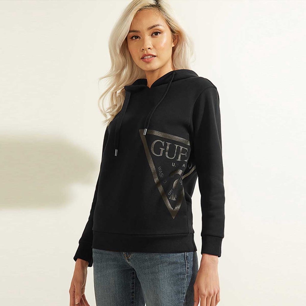 guess women's solid color inverted triangle LOGO casual hooded pullover