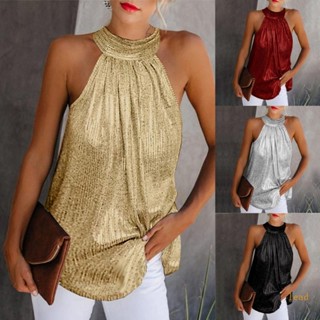 lead Women Sleeveless Sparkle Sequin Cami Crop Top Halter Neck