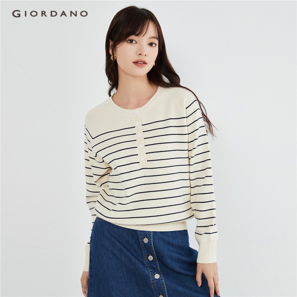 GIORDANO WOMEN Crewneck stripe half button loose sweater 05353705 ...