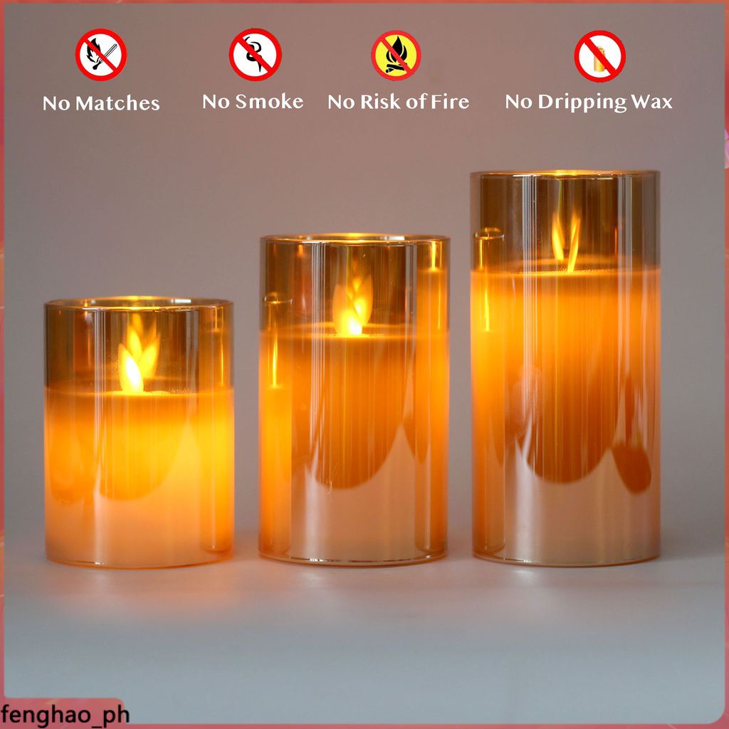Set Of 3 Glass Flameless Led Candles Real Wax Pillars & Moving Flame ...