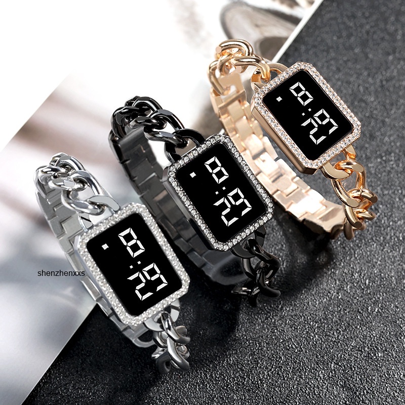 Luxury Rhinestone Stainless Steel Watch Bracelet Women Watch Light Touch  Sports Wristband LED Digital touch watch