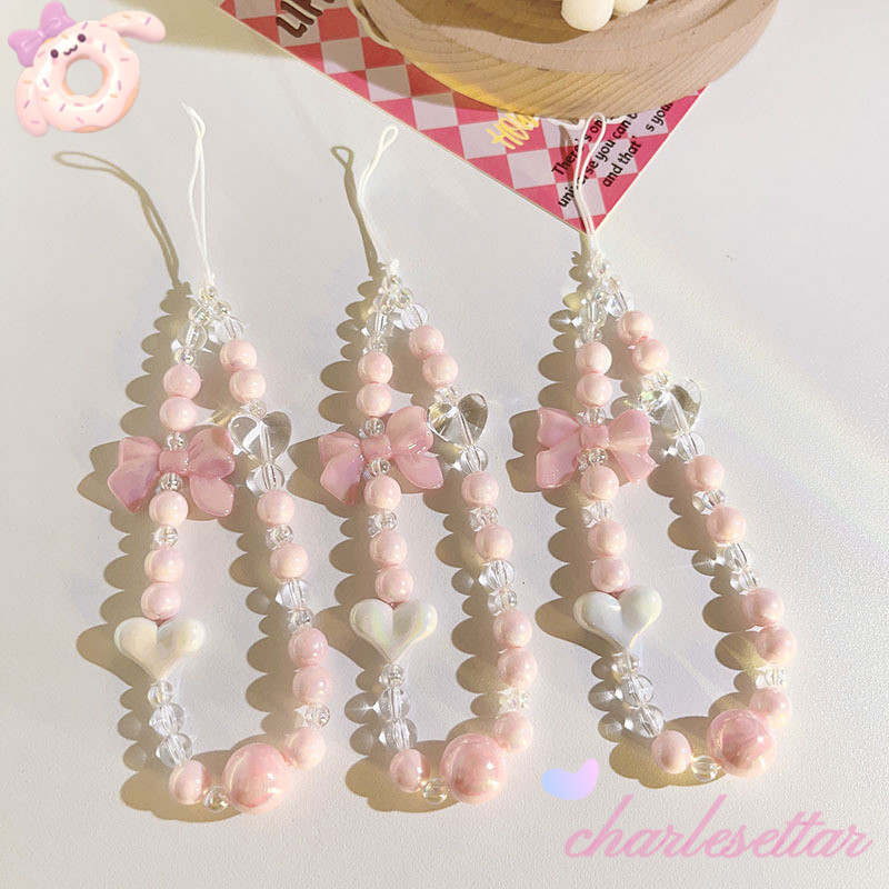 Phone Case Lanyard Pink Bow Beaded Phone Chain Fresh Phone Chain Flower ...
