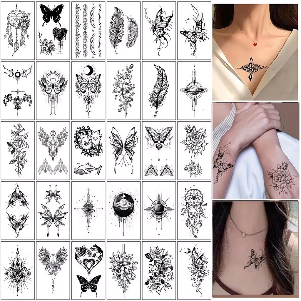 30pcs/set Black Tattoos Stickers Butterfly Feather Pattern Tattoo ...