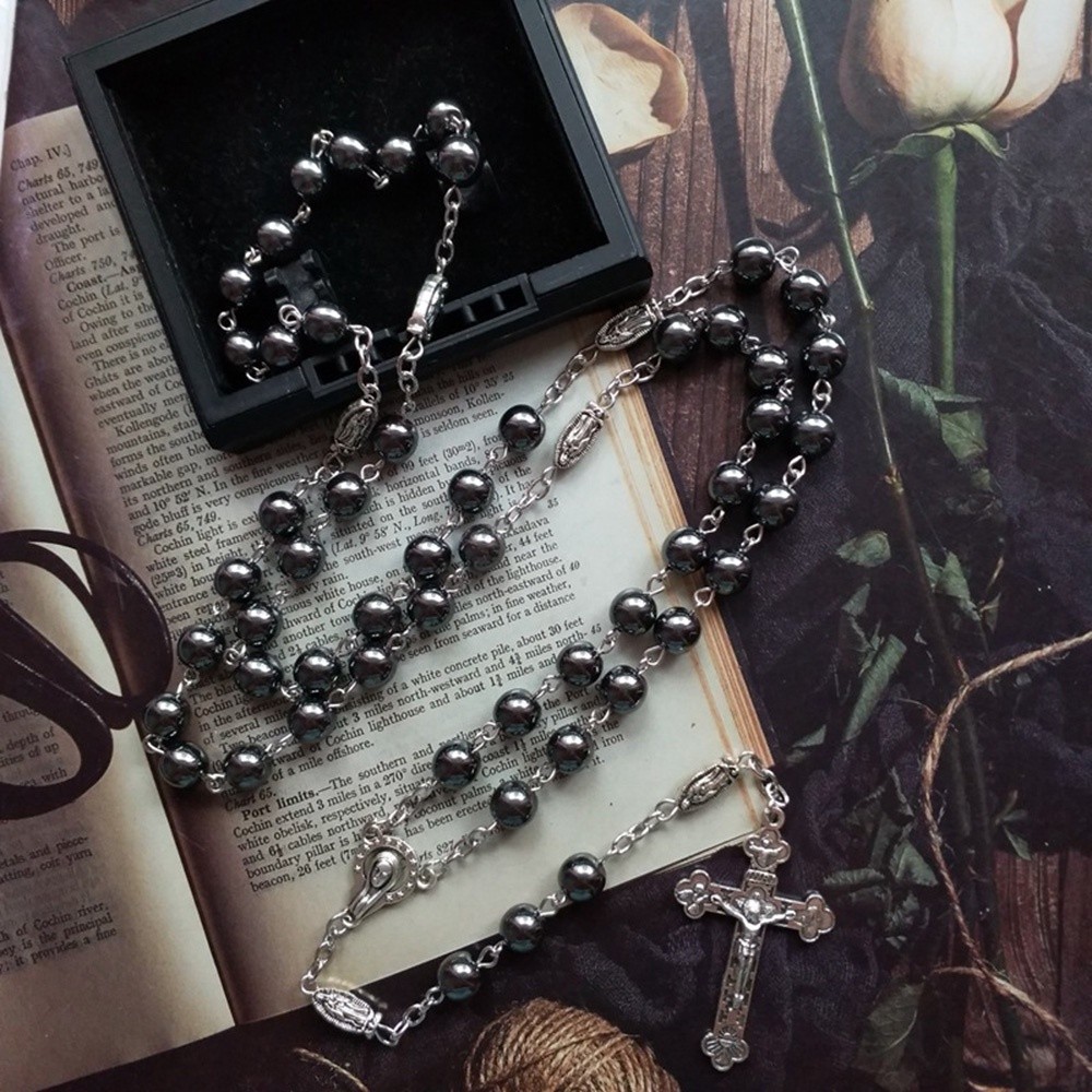 Our Lady of Guadalupe Medal Black Hematite Prayer Beads Chain Rosary ...