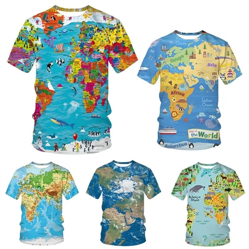 World Map Men's Fashion 3D Printed T-shirt Casual Fun Short Sleeve ...