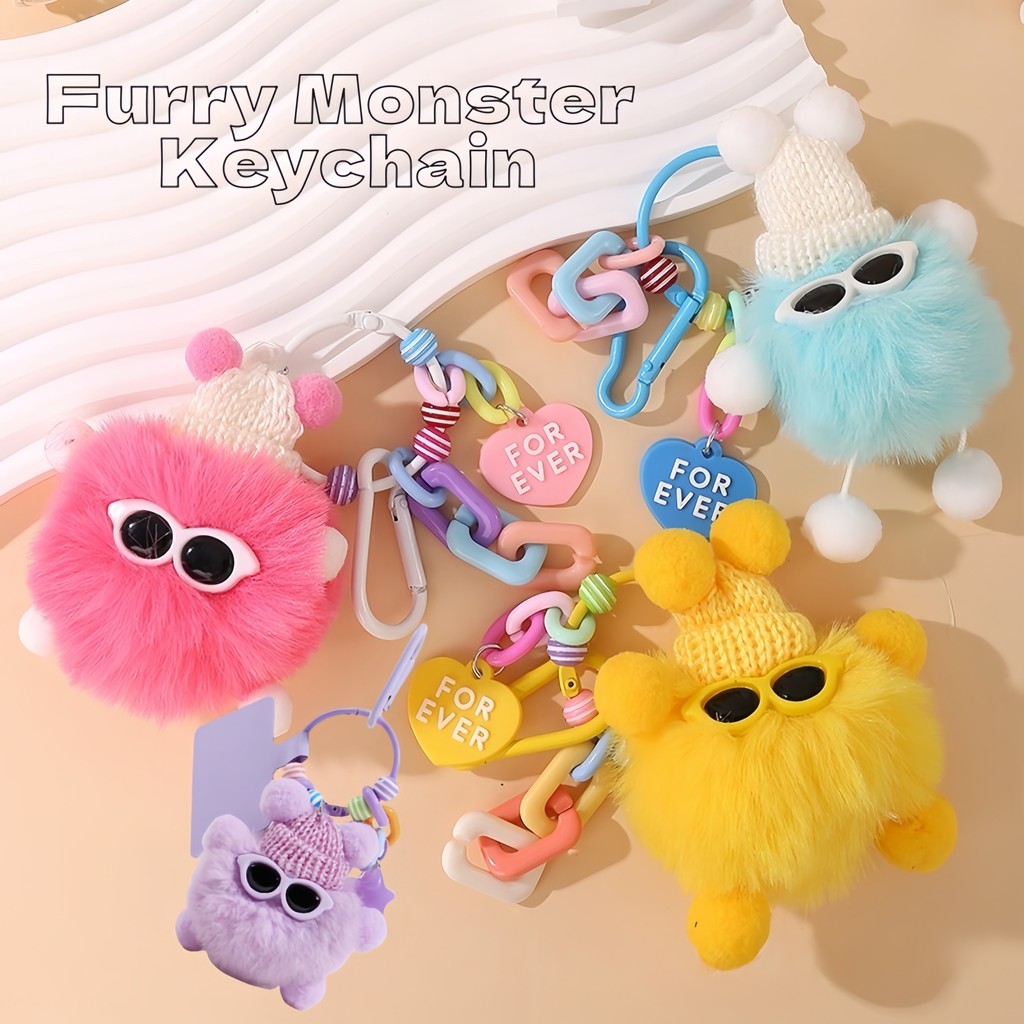 Cute Furry Monster Keychain Phone Lanyard Beaded Phone Key Chain Anti ...