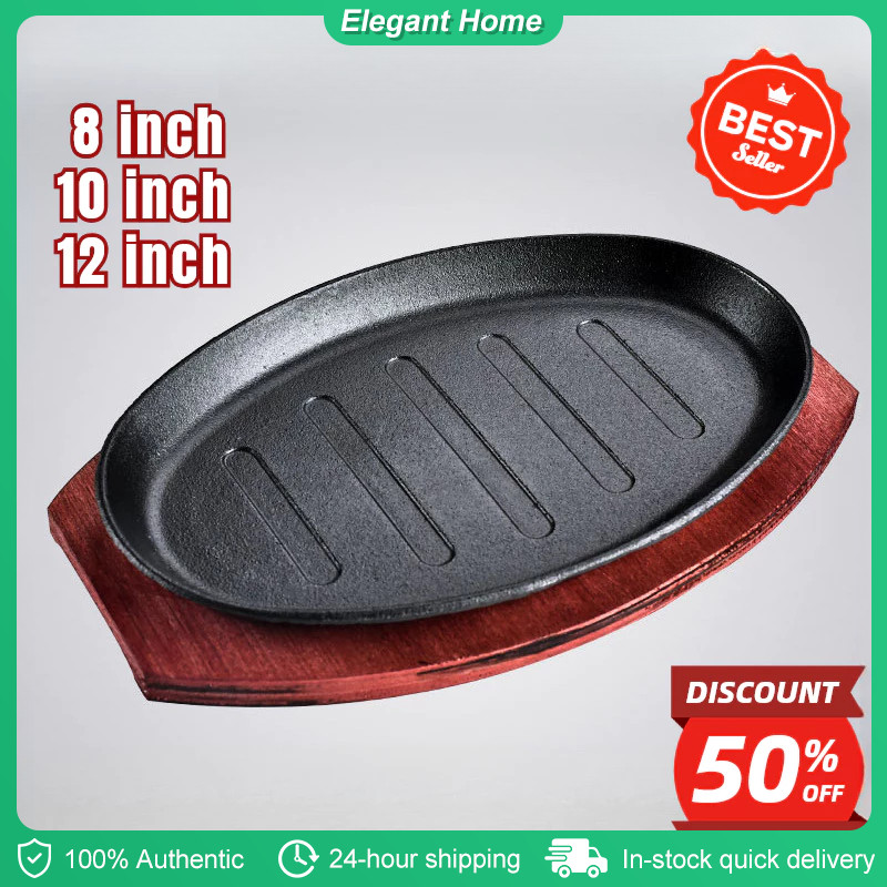 SIZZLING PLATE CAST IRON OVAL & ROUND Shape WITH WOODEN BASE | Shopee ...