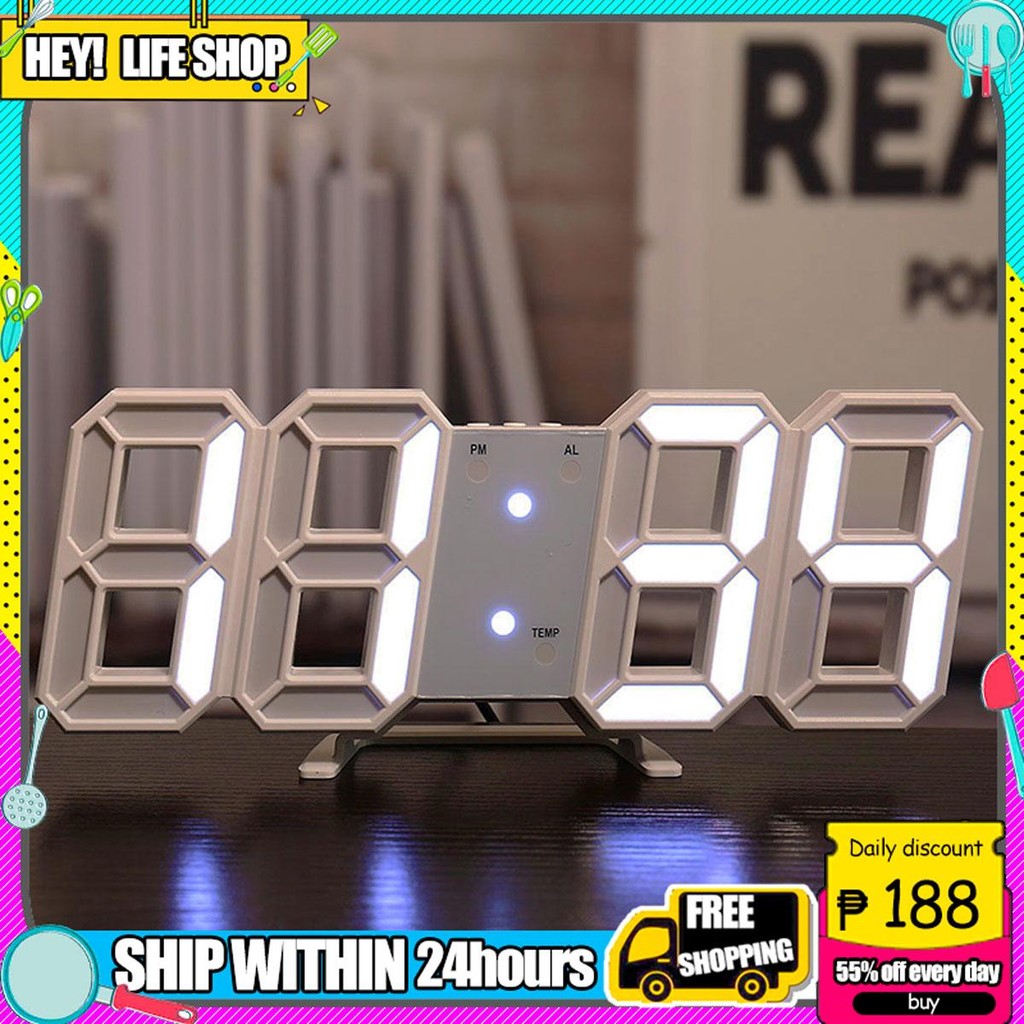 Well! 3D Digital Clock Night Alarm Light Wall Mounted LED Display ...