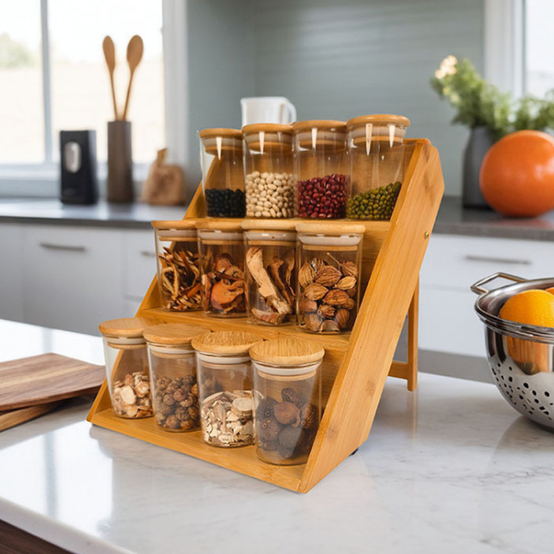 VISHINE 3-Tier Bamboo Spice Storage Rack with Glass Jars Set Kitchen ...