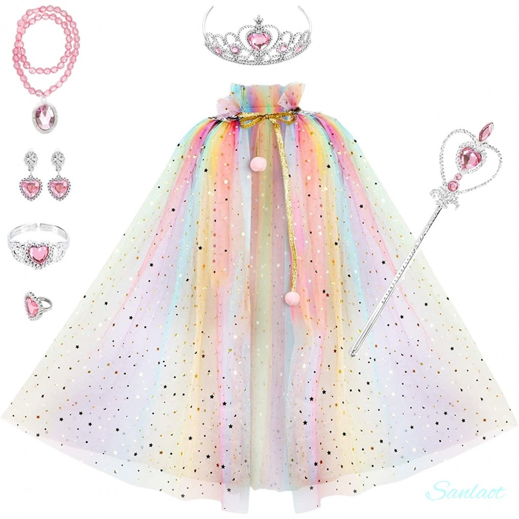 AOOWU 7 Pièces Enfant de Princesse, Costume Princesse avec Princess Wig