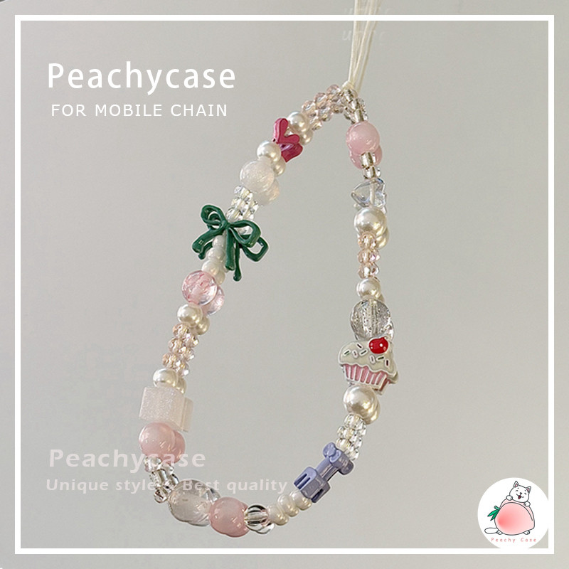 INS Bowknot Cake Beaded Handmade Mobile Phone Chain Anti-Lost Lanyard ...