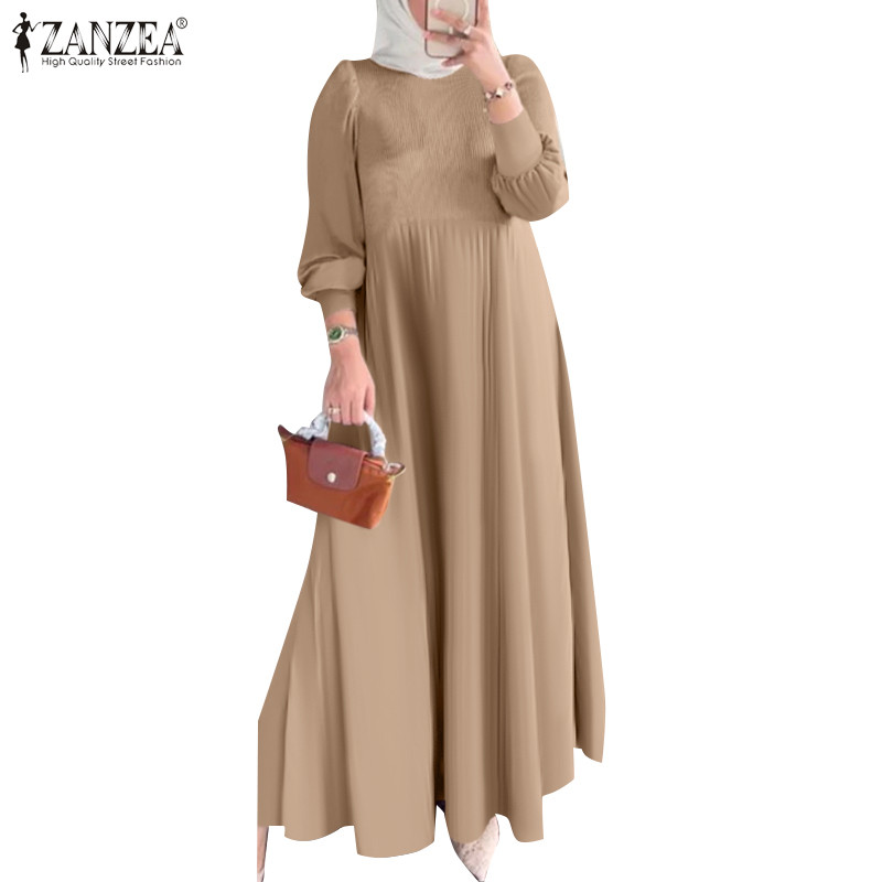 sachin and babi light blue dress ZANZEA Women Muslim Casual Long Sleeve Pleated Plain Color One-Piece Dresses