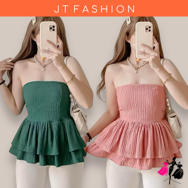 JT Jessie Tube Ruffles top two layer only Bark crepe Fabric S-M ...