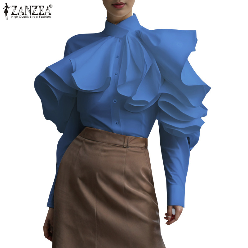 ZANZEA Women Vintage Crew Neck Patchwork Long Sleeve Button Cubic ...