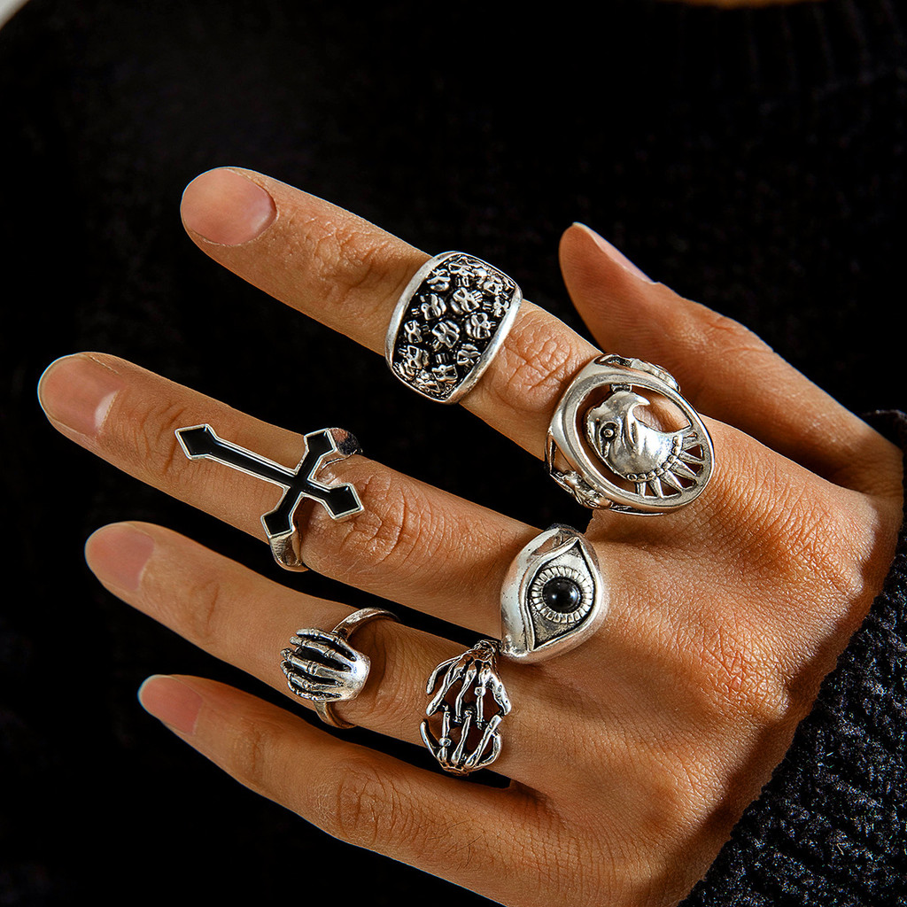 Gothic Punk Skull Big Cross Ring Set for Men Unique Eye Eagle Rings ...