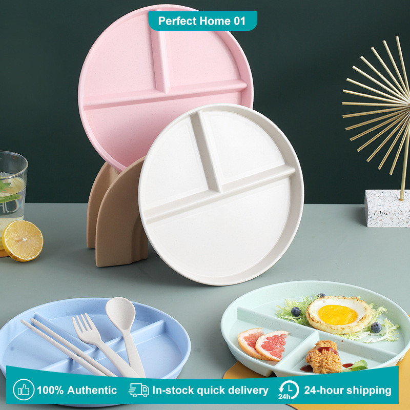 4PCS Divided Wheat Straw Table Plate Three-compartment Dinner Separated ...