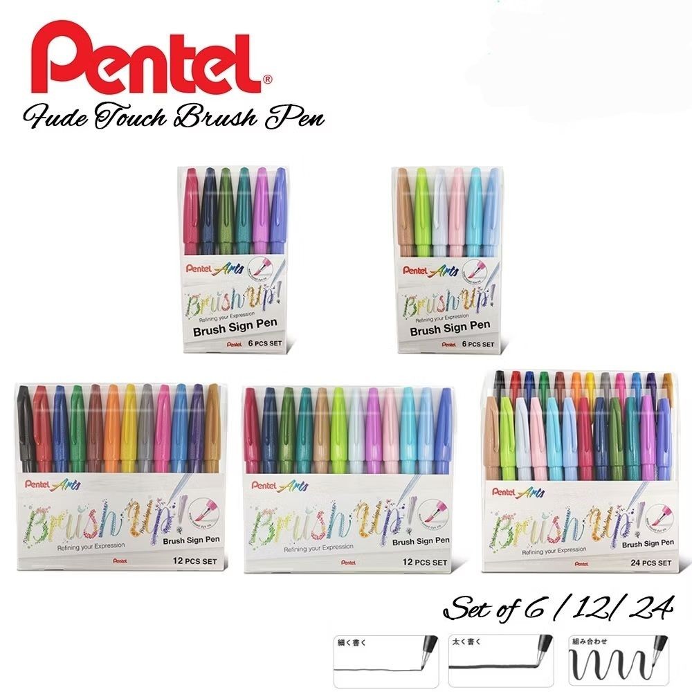Pentel Fude Touch Brush Sign Pen Colour Wallet Set of 6/ 12 /24 Color ...
