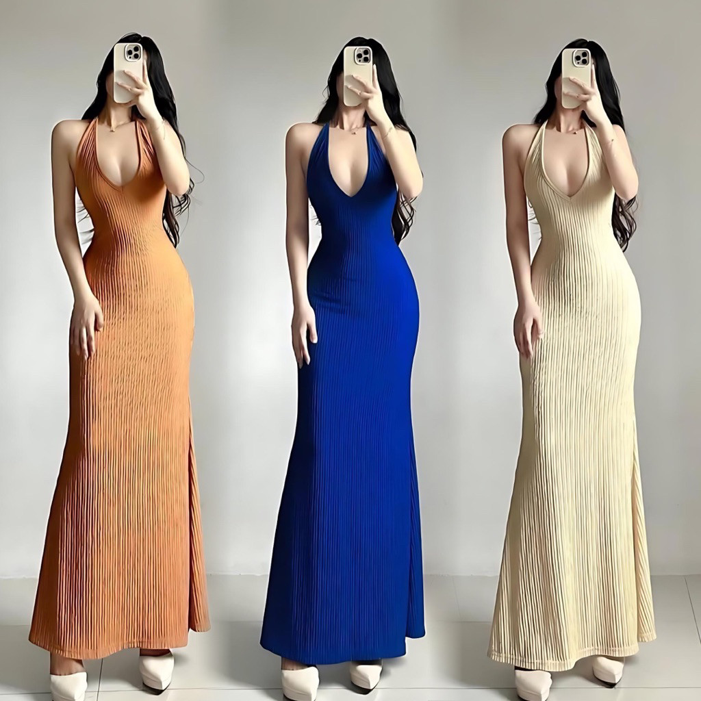 JBE | KIA PLAIN DRESS MAXI LONG BACKLESS HALTER VNECK SELFTIE FITTED ...