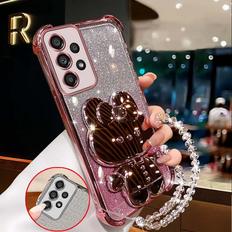 Case for SAMSUNG a52 samsung a52s 5g Soft Clear Four Corners Thickening  Plated Silicone Phone Case Rabbit makeup mirror with holder Silicone case 