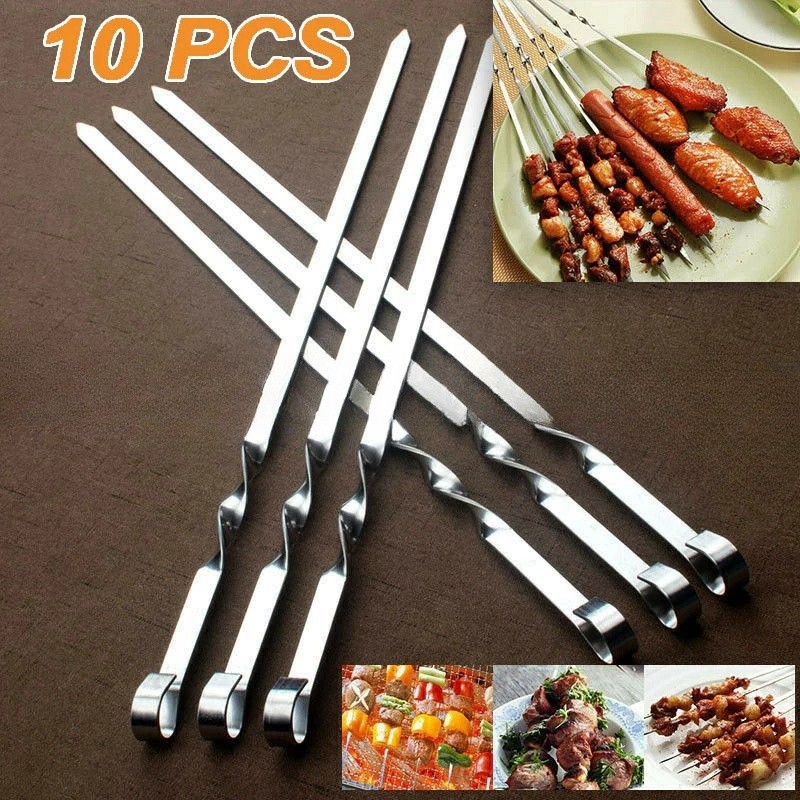 10PCS Metal Kebab Grill Steel Sticks Flat Barbecue Stick Reusable ...