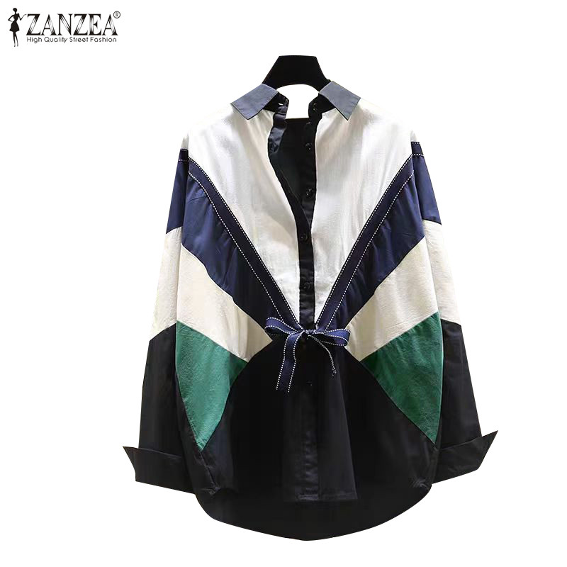 ZANZEA Women Vintage Casual Colorblock Tie Long Sleeve Loose Simple ...