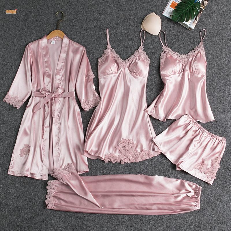 Sweet 5PC Silk Robe Sleep Suit Womens Lace Satin Pajamas Gown Set V ...