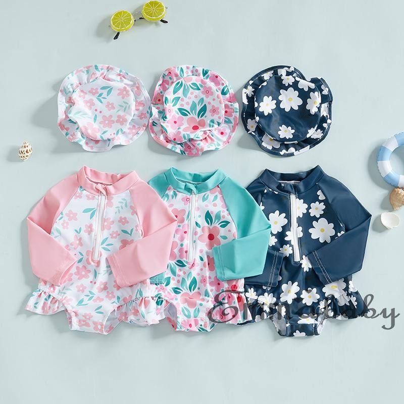 Aimaopao Newborn Baby Girls Swimsuit Long Sleeve Zipper Bathing Suit One Piece Swimwear With Hat For Beach Wear (Watermelon Red, 0-3 Months