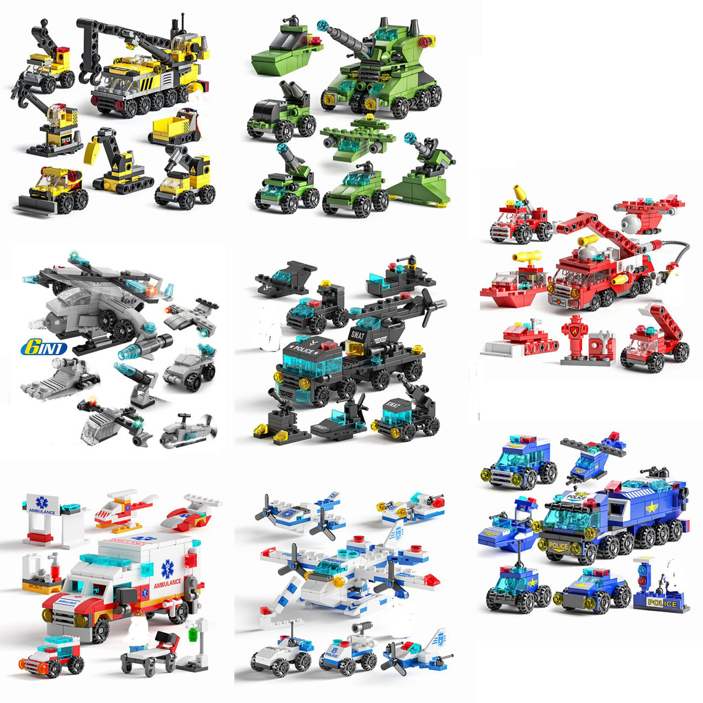 Mini size 6 In 1 Building Blocks DIY Police Car Fire Truck Castle Model ...