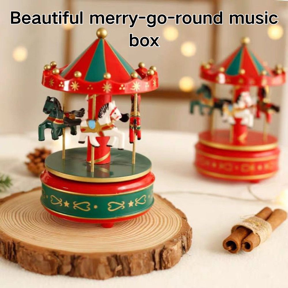 Christmas Carousel Music Box Desktop Wooden Creative Rotating Music Box ...