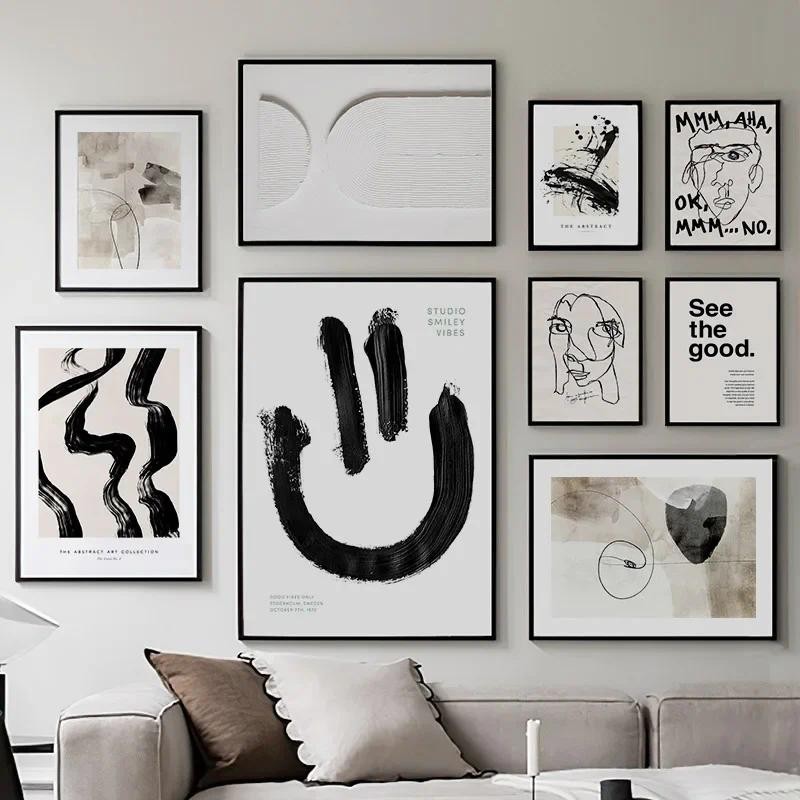 Wall Art Canvas Painting Black Ink Abstract Smile Face Line Drew Nordic ...