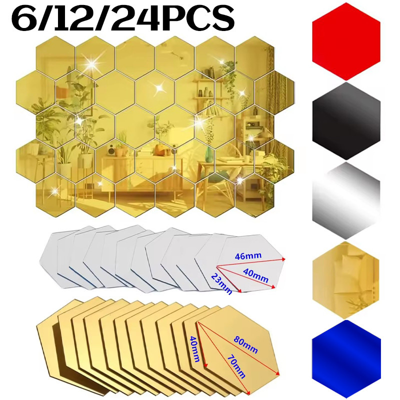 6/12/24Pcs 3D Hexagon Mirror Wall Stickers - DIY Removable Acrylic ...