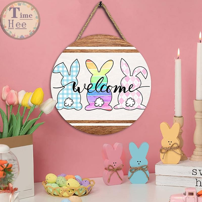 TIMEHEE Easter Door Hanging Wooden Easter Sign Colorful Bunny Easter ...