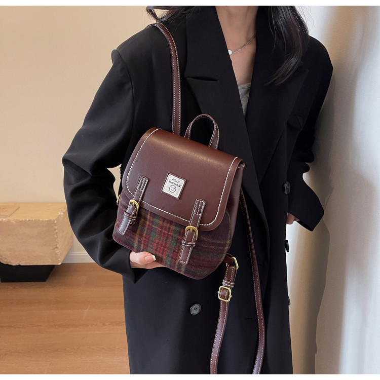 Spring Woolen Bag Women 2025 New Style Backpack Fashion Plaid Portable ...