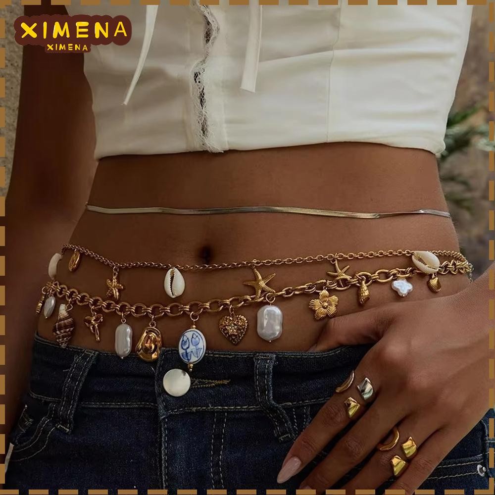 XIMENA Shell Waist Chain, Natural Stainless Steel Pearl Body Chain ...