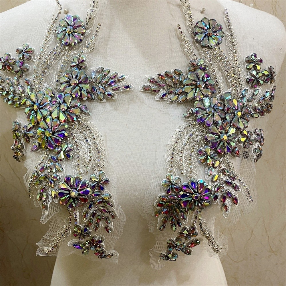 Handmade Rhinestone Lace Trim Patches - Silver Beaded Appliques For Dress  DIY