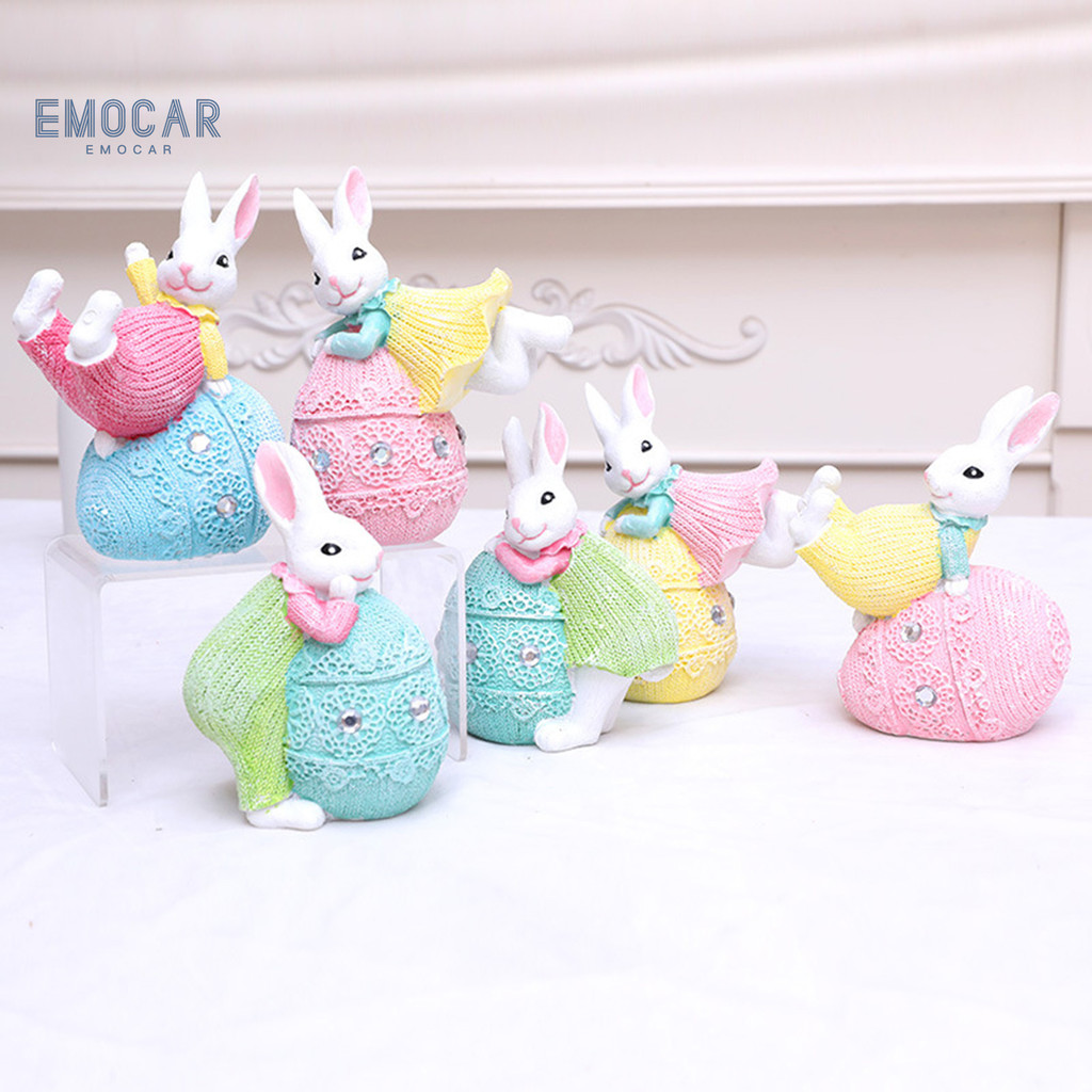 EMH-Easter Rabbits Ornaments Cute Hand-Painted Resin Bunny Figurines ...