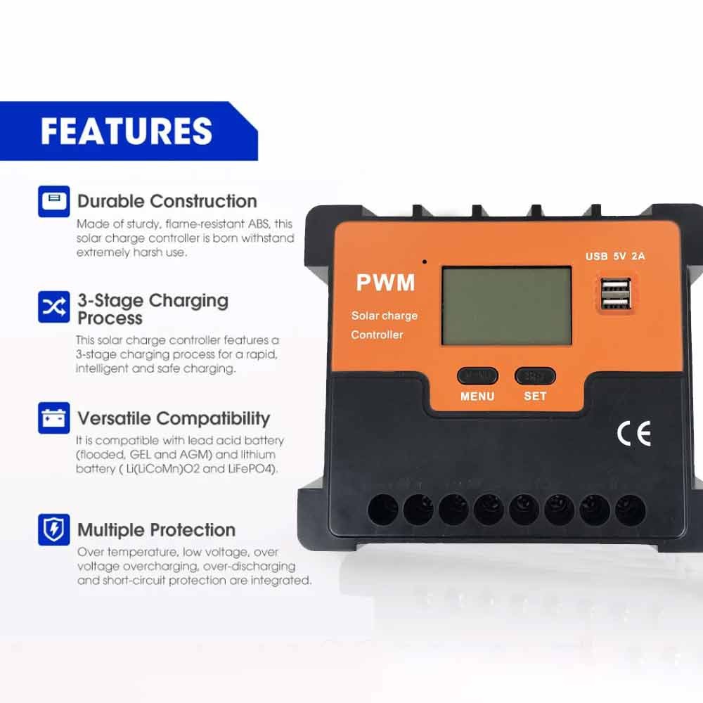 20A Solar Charge Controller 12V 24V Lithium Battery Panel Regulator 2 ...