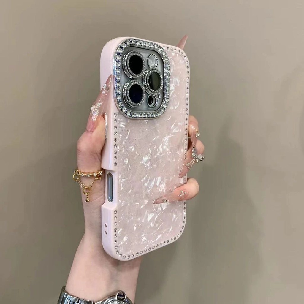 Luxury Cream Shell Pattern Flash Diamond Mobile Phone Case for iPhone16 15  14 13 Pro Max Shockproof Camera Protection Drop-proof Hard Back Cover