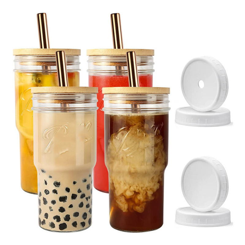 With Bamboo Lid Straw Cup Glass Cup 22oz Milk Tea Cup | Shopee Philippines