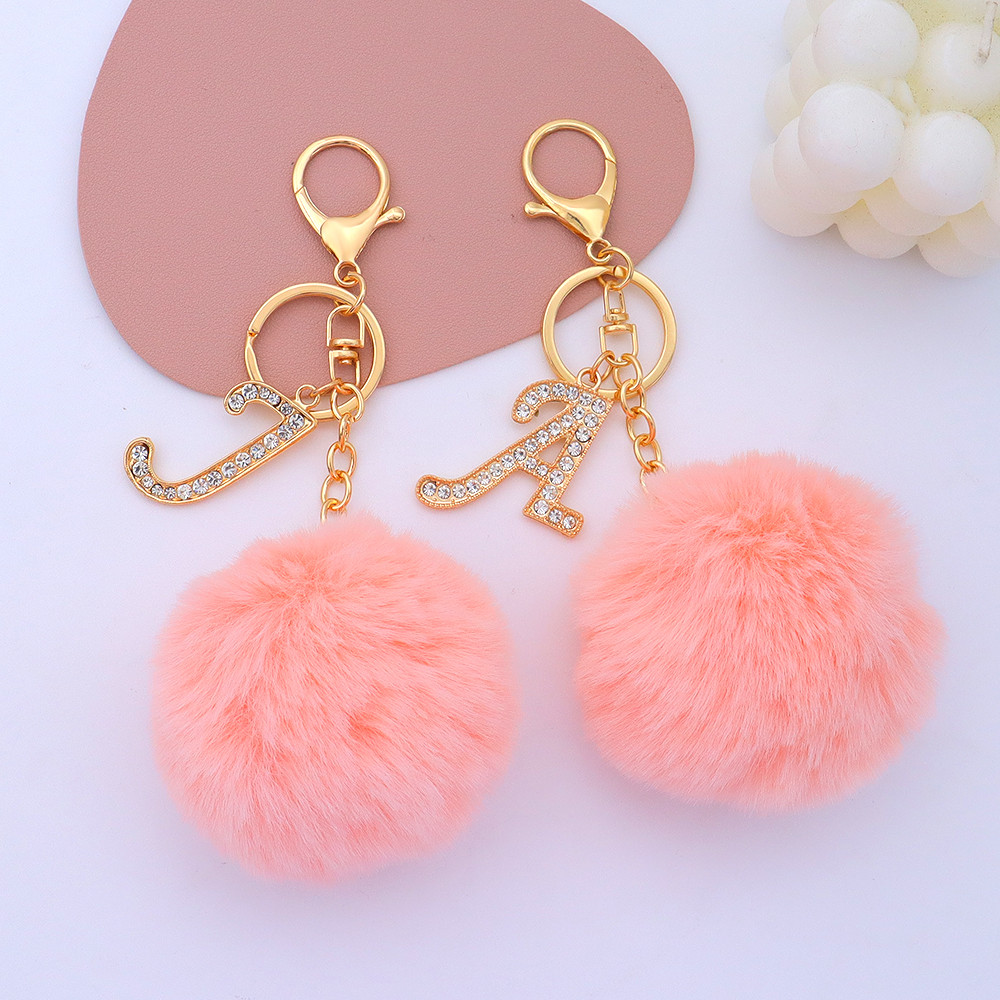 Pink Plush Ball 26 Letters Keychain Rhinestone Initials Keyring Women ...