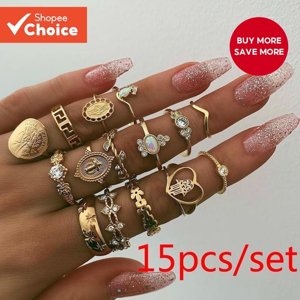 15Pcs/Set Gold Cross Rings for Women – Retro Boho Stackable Coin Cross ...