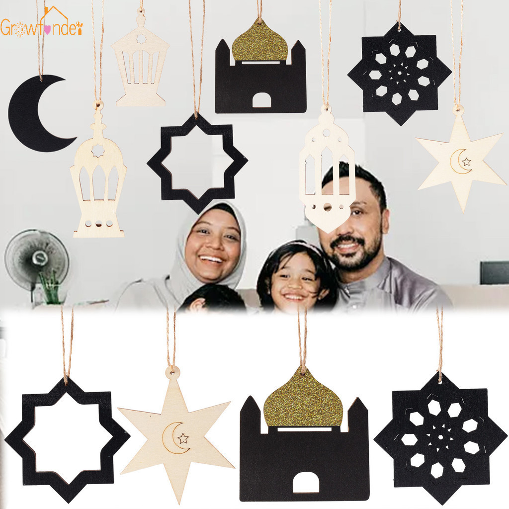 8Pcs Ramadan Wooden Moon Star Hanging Pendant Eid Mubarak Ornaments for ...