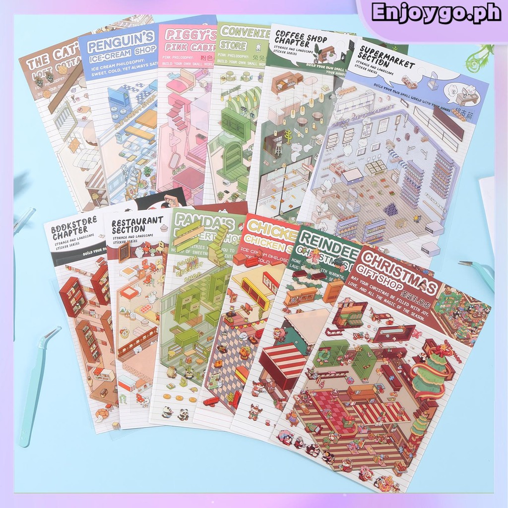 12Pcs DIY 3D House Stickers Set Reusable 3D Cartoon Scene Stickers ...