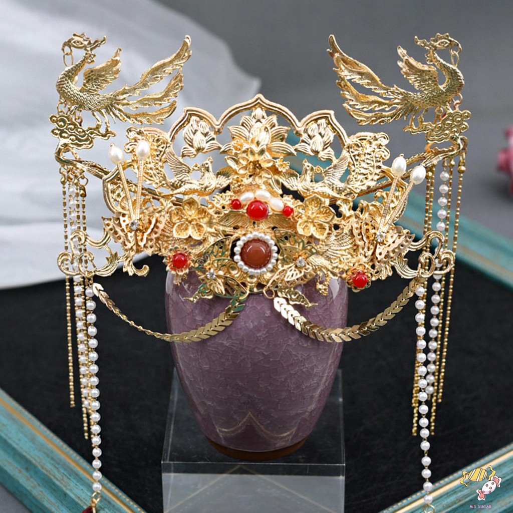 Chinese Feng Huang Hair Crown Hairpin Pearls Decor Artificial Crystal ...