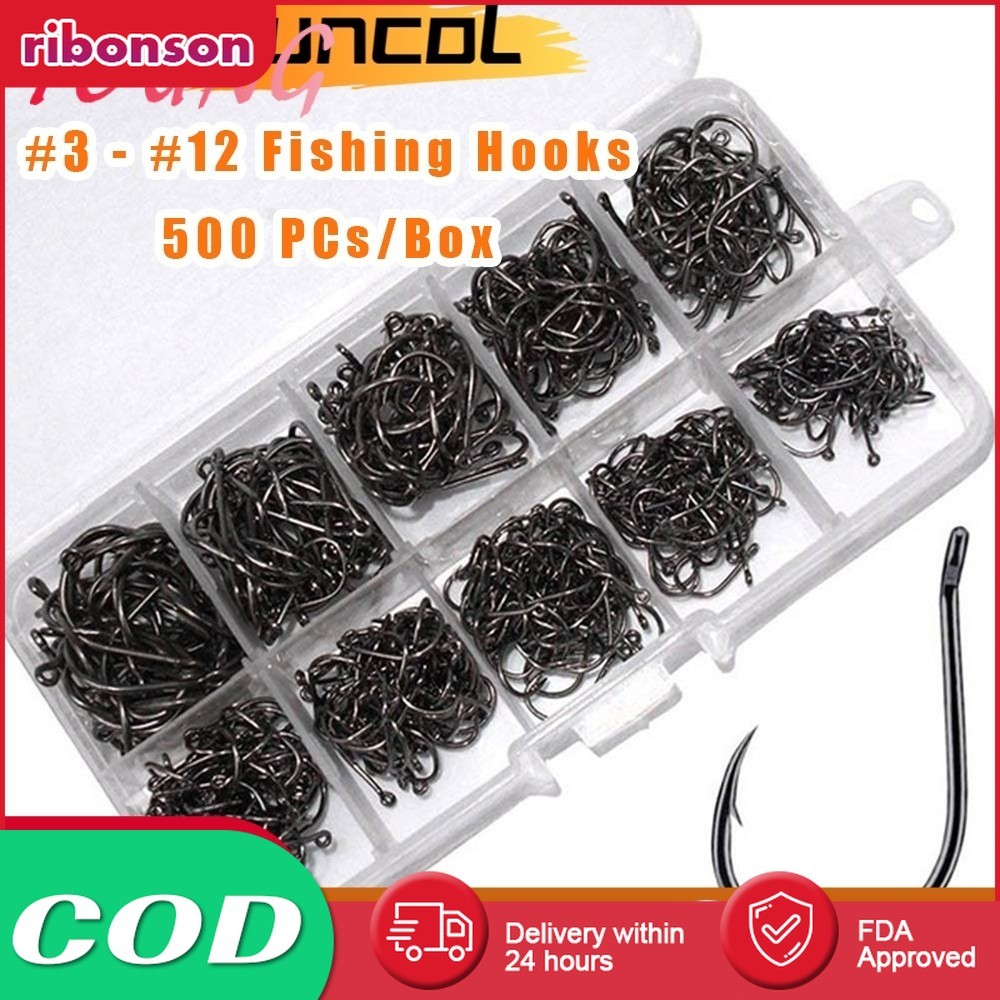 500Pcs/Box Carbon Steel Fish Hook Set #3 - #12 Mixed Size Fishhook ...