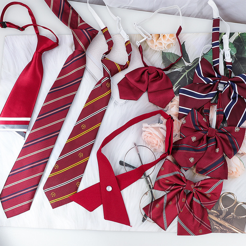 wine red Tie JK Tie Women's Solid Color Stripe Graduation Photo Red Bow ...