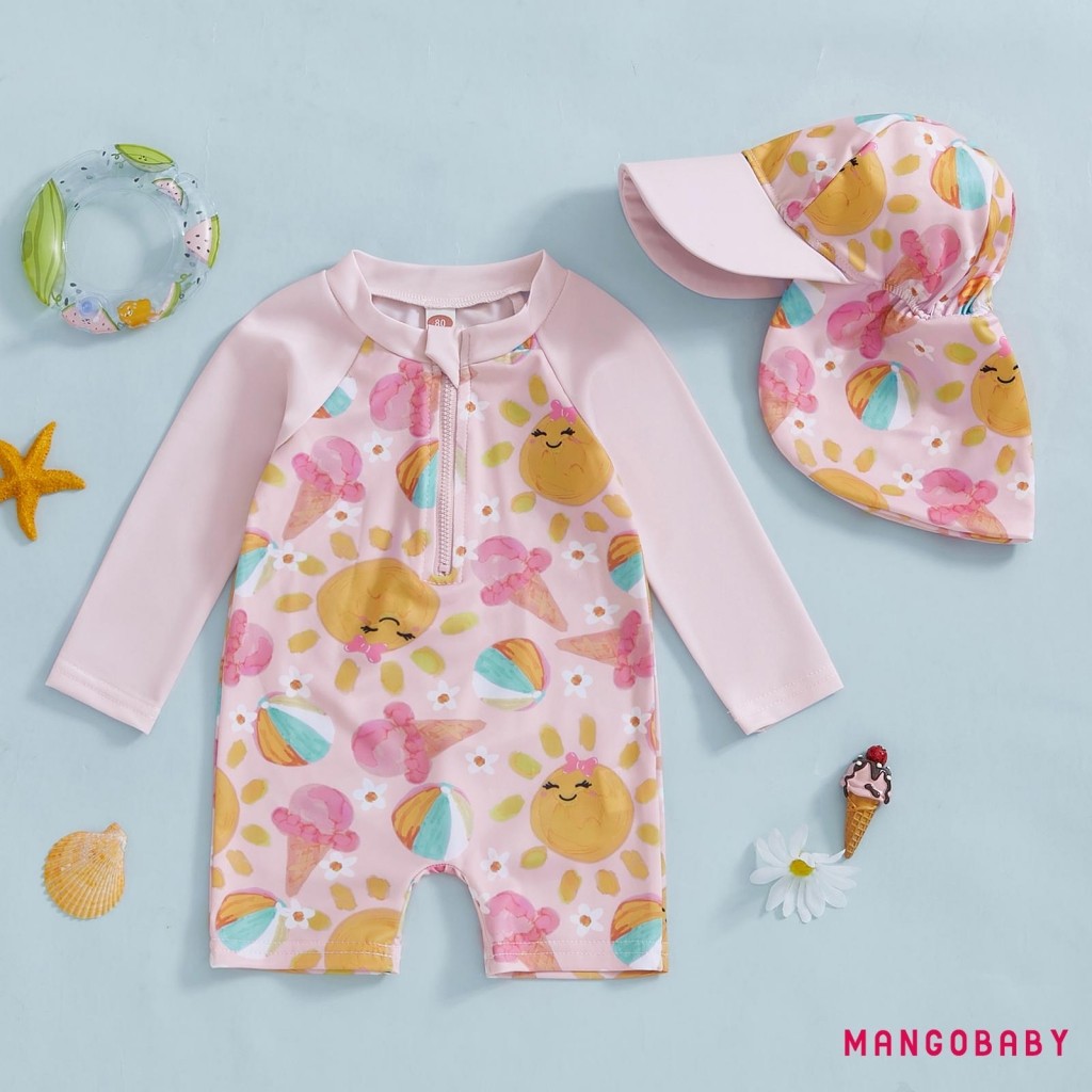 MG-Kids Girl Rash Guard Swimsuits Drink/Ice Cream Print Long Sleeve ...